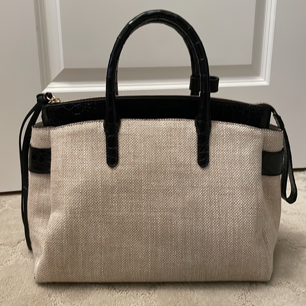Auth Nancy Gonzalez Cristie Black Croc Leather Linen Convertible Tote w Clutch - Picture 3 of 16